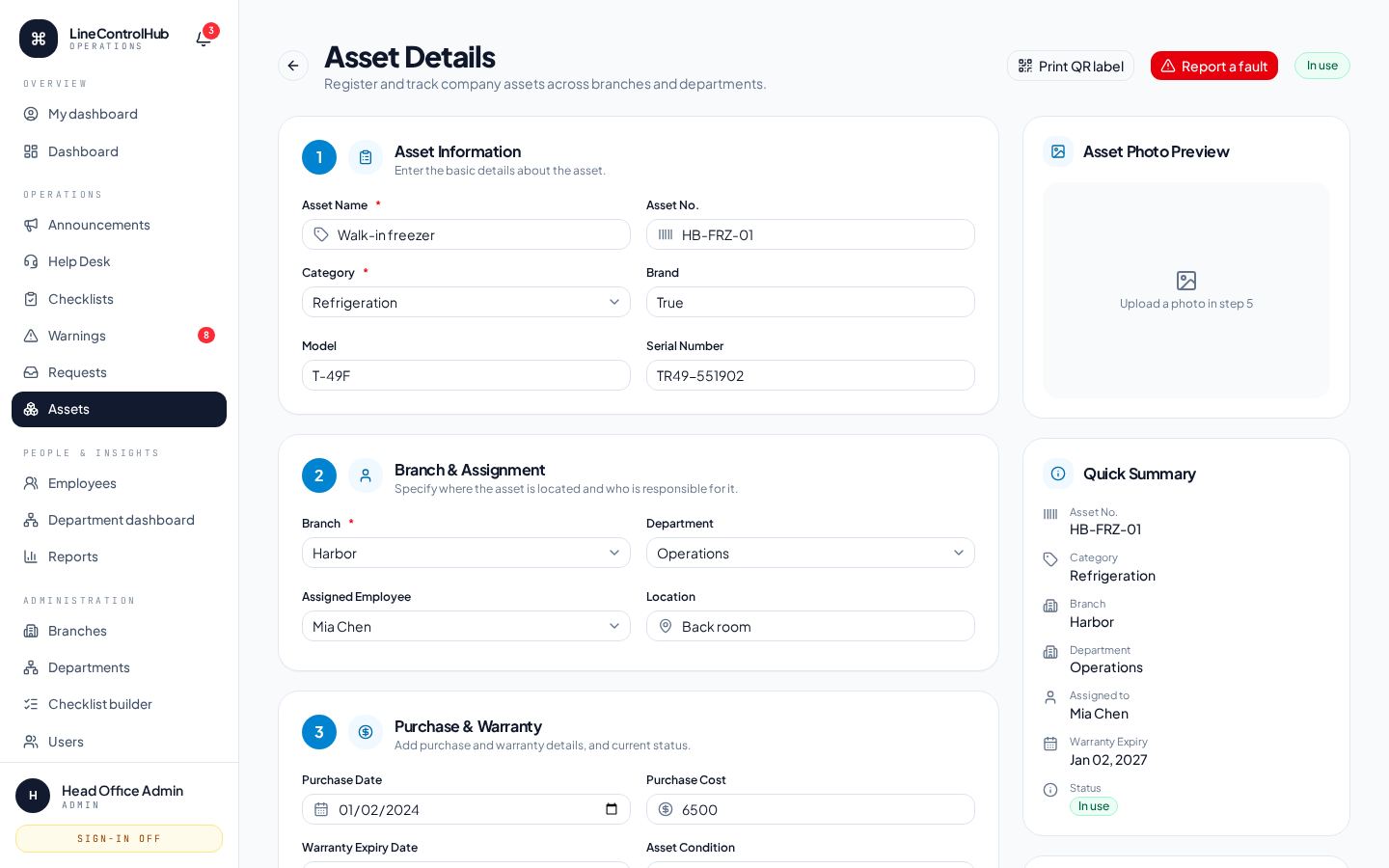 Asset record with maintenance history